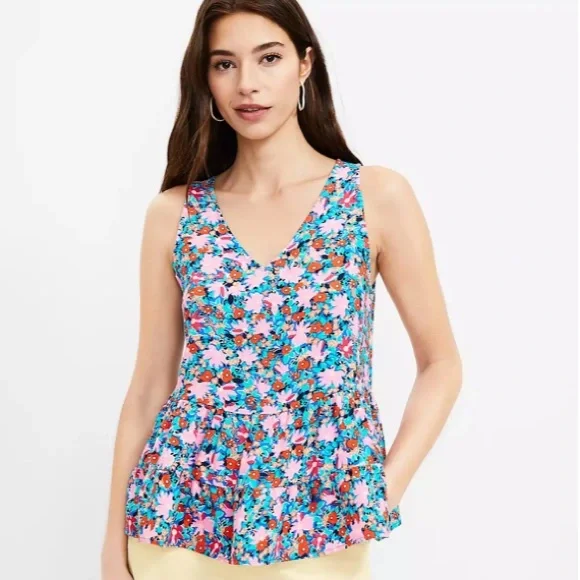 Woman’s Loft size large floral Daisy Double V Peplum Shell tank top - Picture 1 of 9